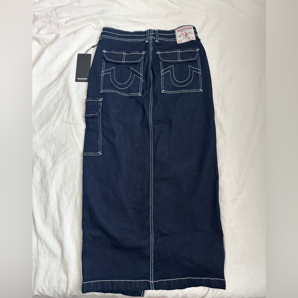 True Religion dark wash cargo maxi skirt